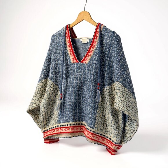 Cocobleu Sweaters - COCOBLEU NY Boho Hooded Knit Sweater | Blue Nordic Fair Isle Tassel Pullover M